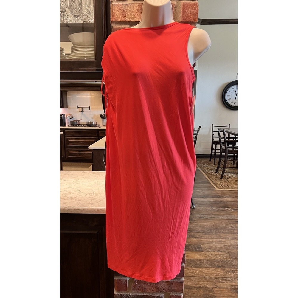 Trina Turk Dress SZ M Shoulder Tie Red/orange Sheath Stretch Knee Length